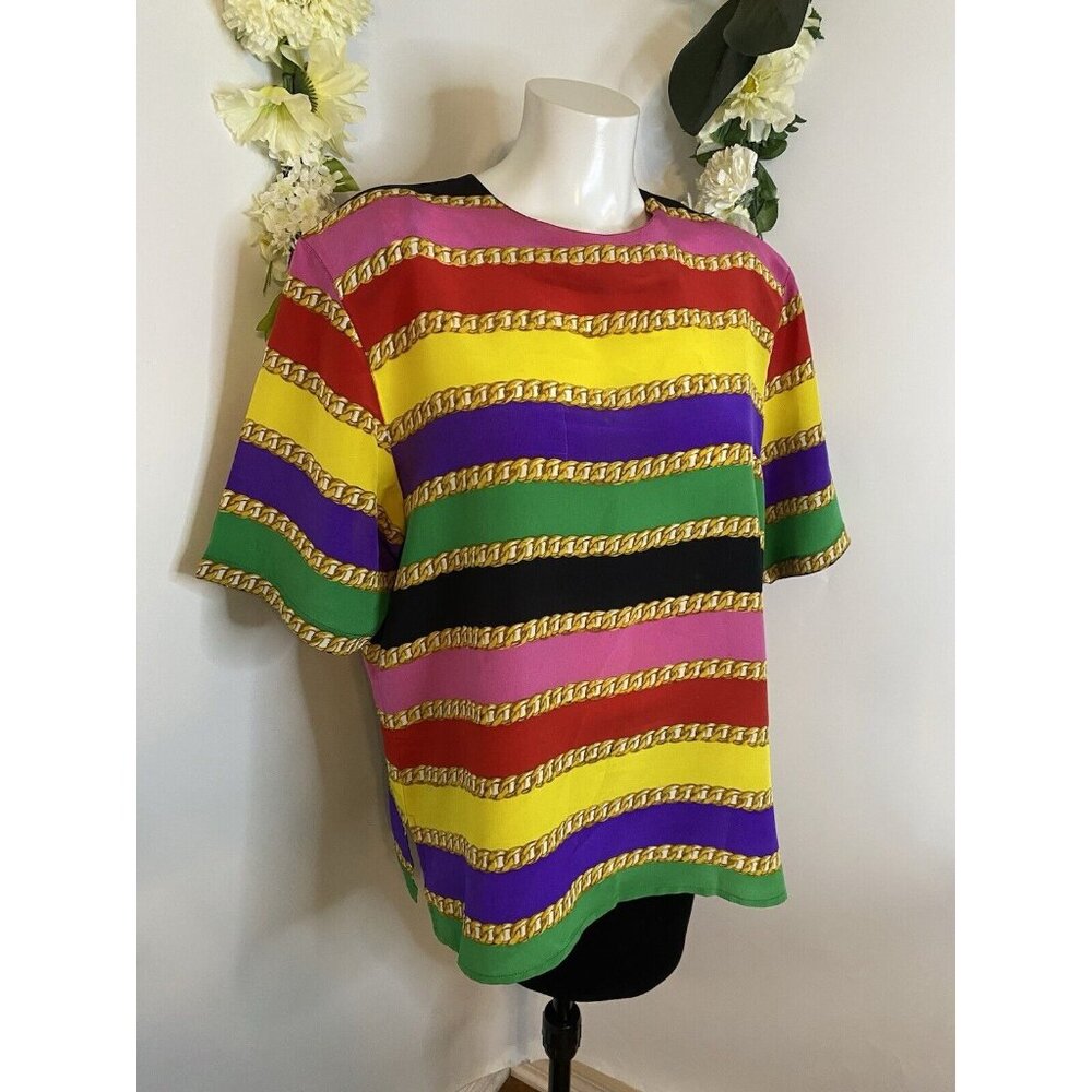 Vintage Galinda Blouse Women’s Large Stripes 100% Silk Top Shirt‎ 80s 90s Retro